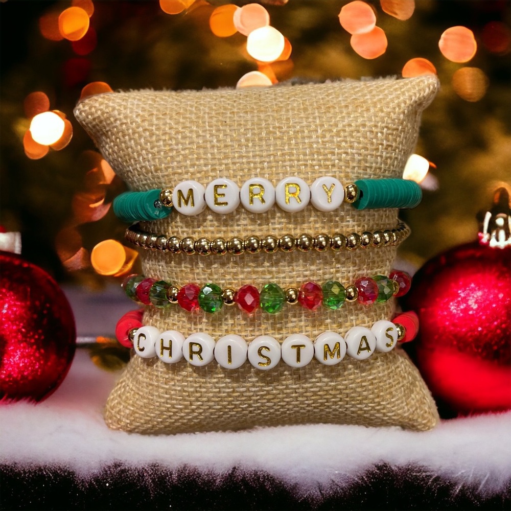 Christmas bracelets, holiday bracelet stack, custom bracelets, handmade bracelet